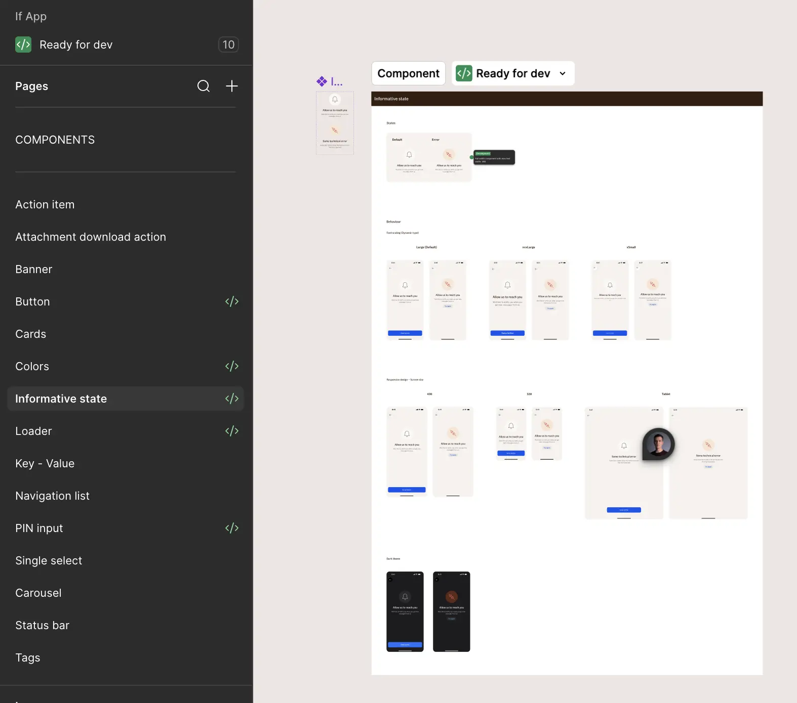 The If app component library in Figma, with components marked ready for development