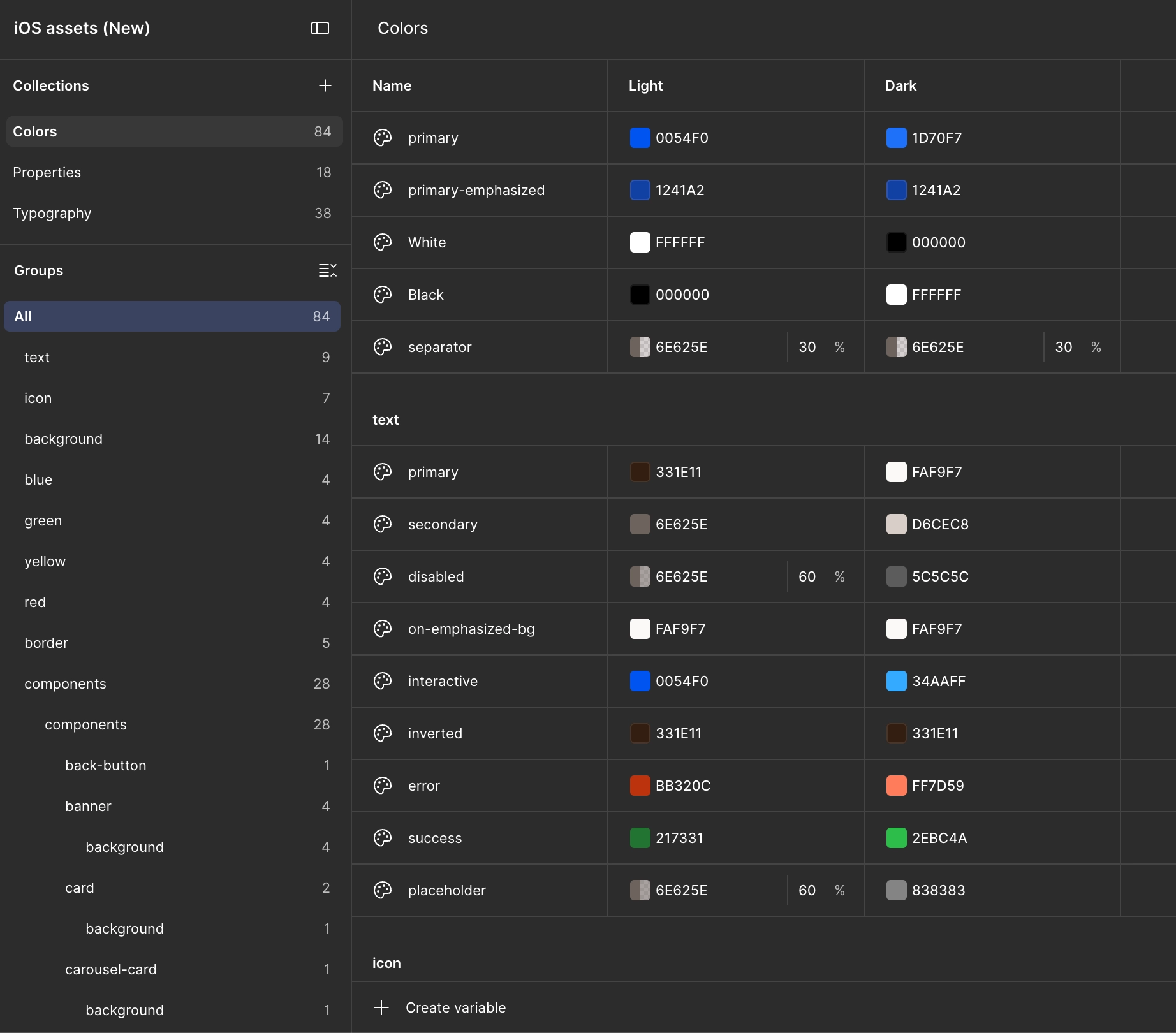 Colour variables with light and dark values