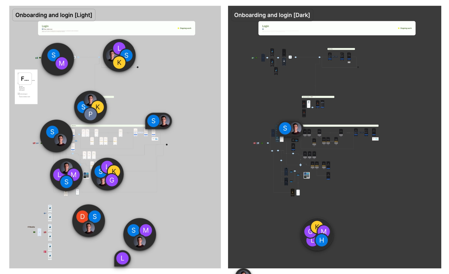 Onboarding and login flows in light and dark mode, with comments from specialists