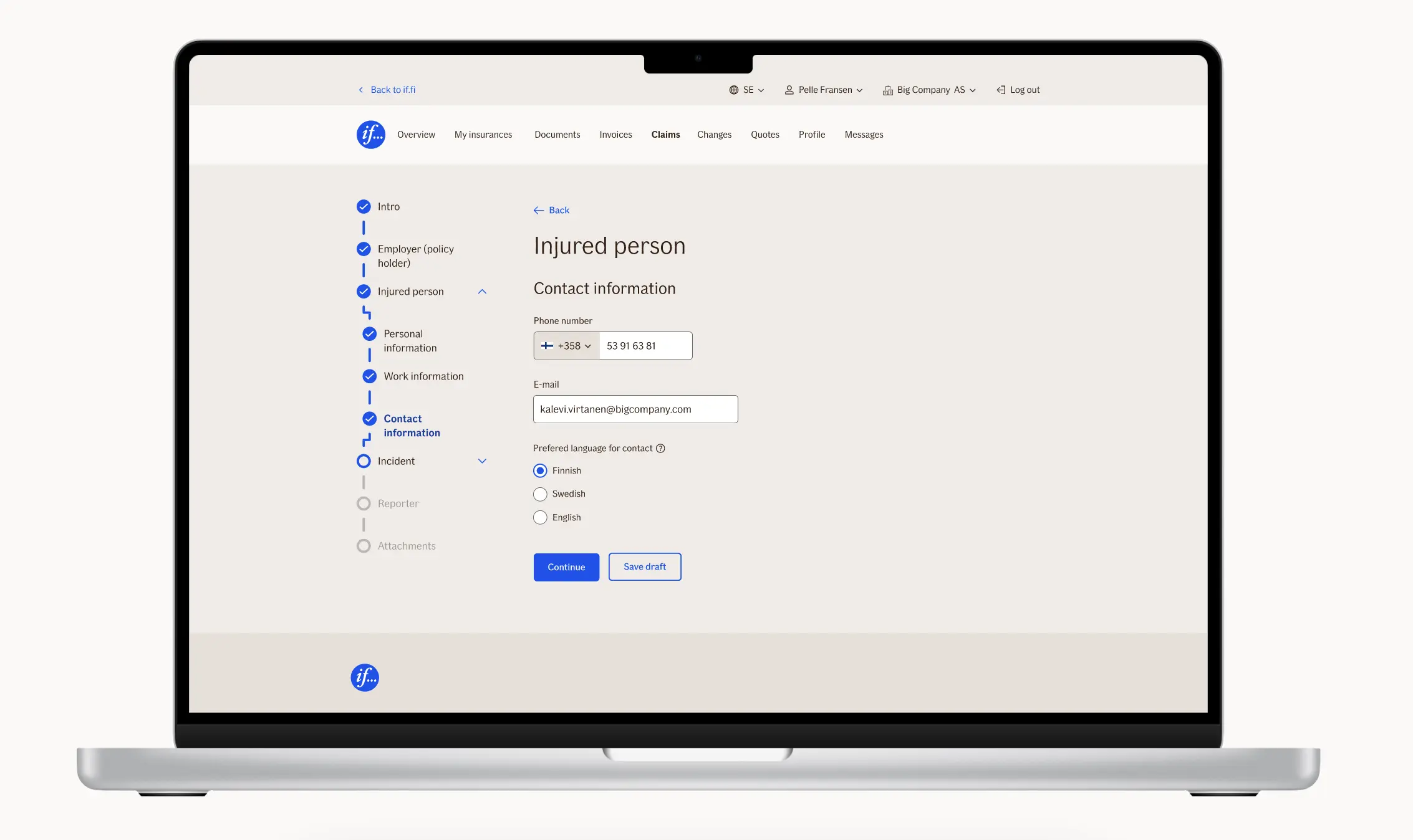 TellUs on desktop: the injured person’s contact details, with a progress list down the side